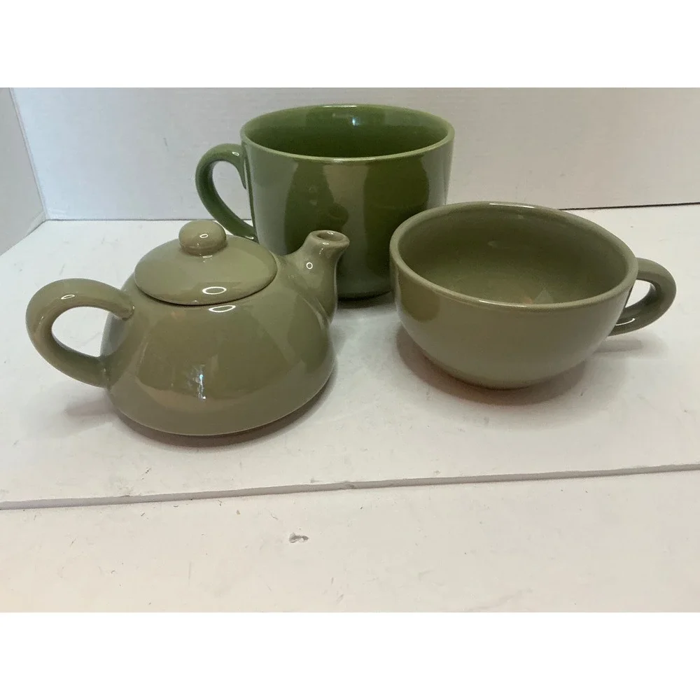 Pier 1 Tea for One Set Sage Green Ceramic Stackable Teapot and Cup Small Minimal